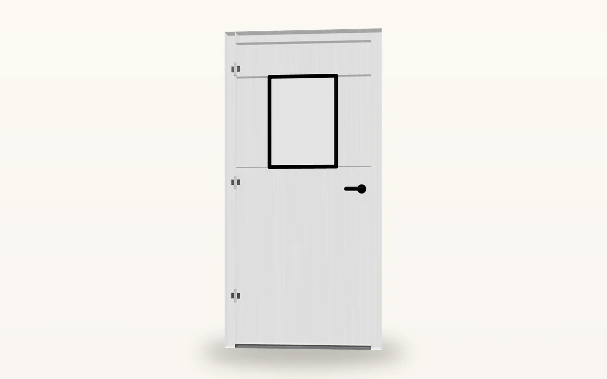 Configurator render: White front door with frosted glazing and a round lever handle