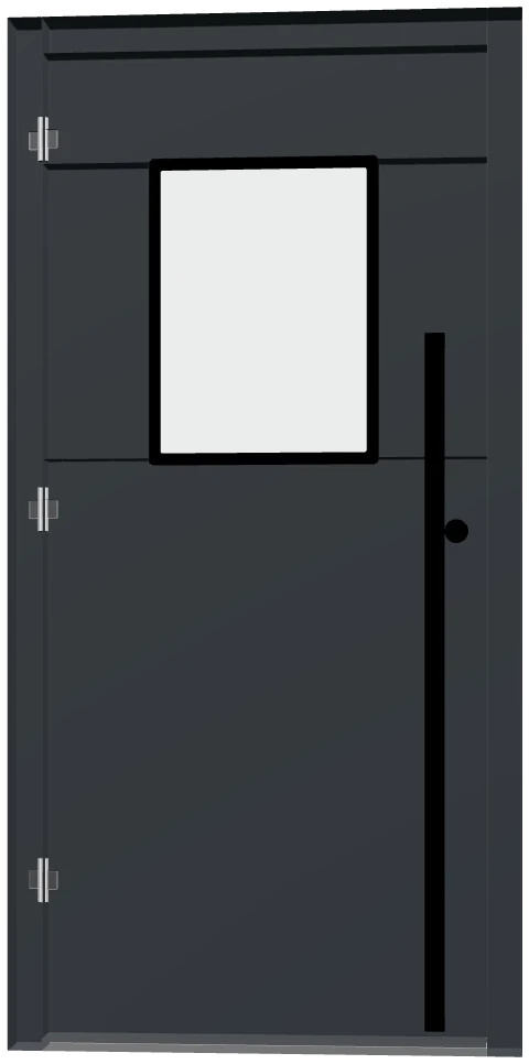 Configurator render: anthracite front door with a vertical glass strip and a long pull handle