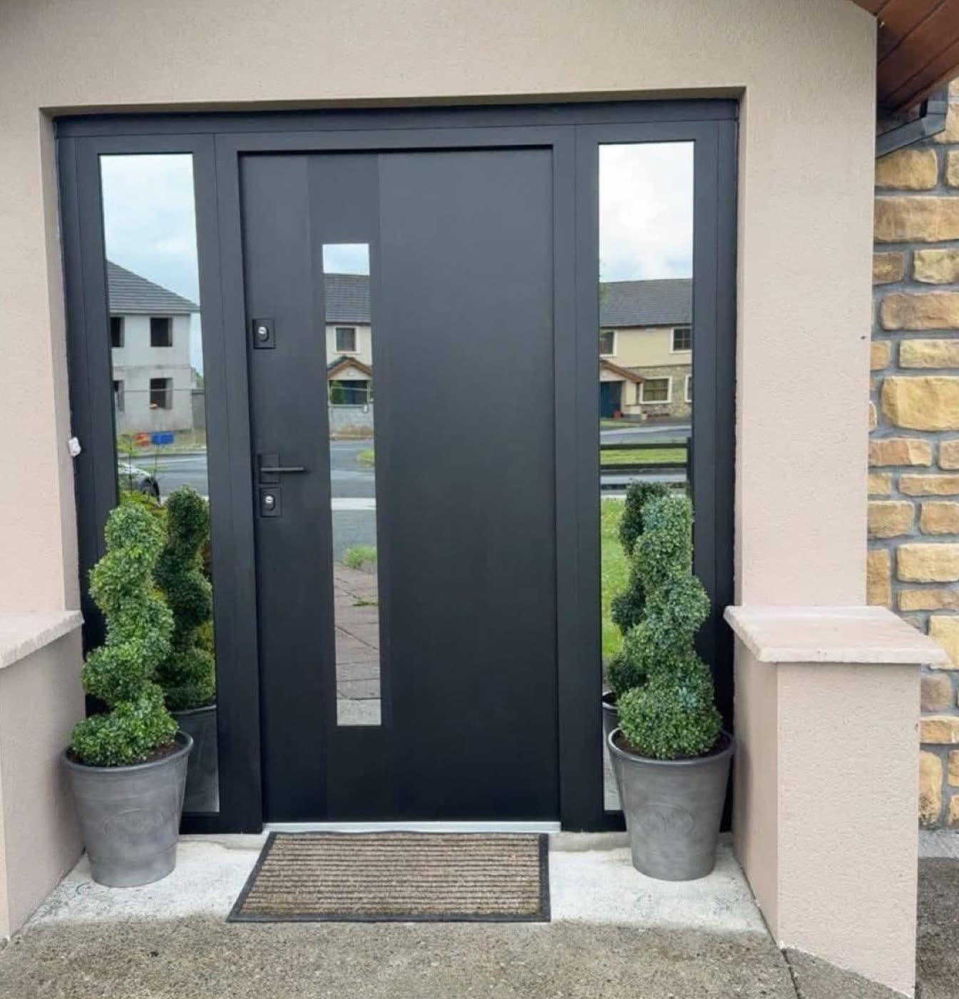 Anthracite, two sidelights — front door fitted in Ireland by Kilgate Doors