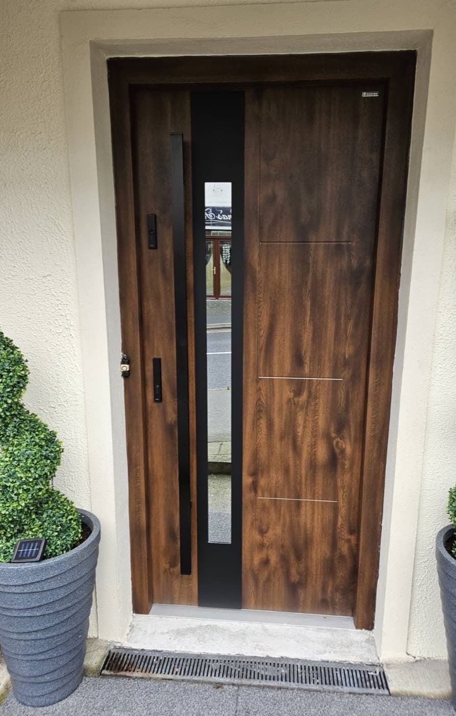 Dark walnut, one sidelight — front door fitted in Ireland by Kilgate Doors