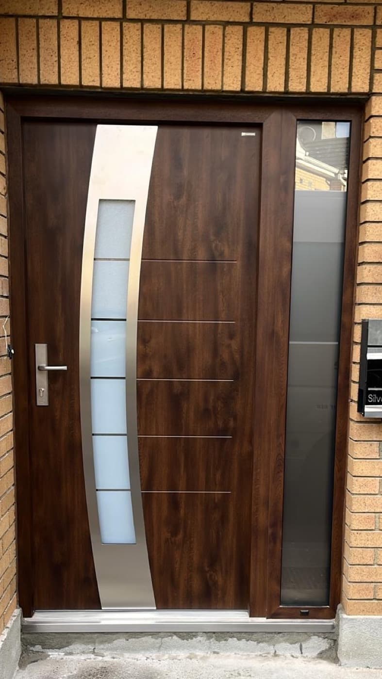 Dark walnut, curved glazing — front door fitted in Ireland by Kilgate Doors