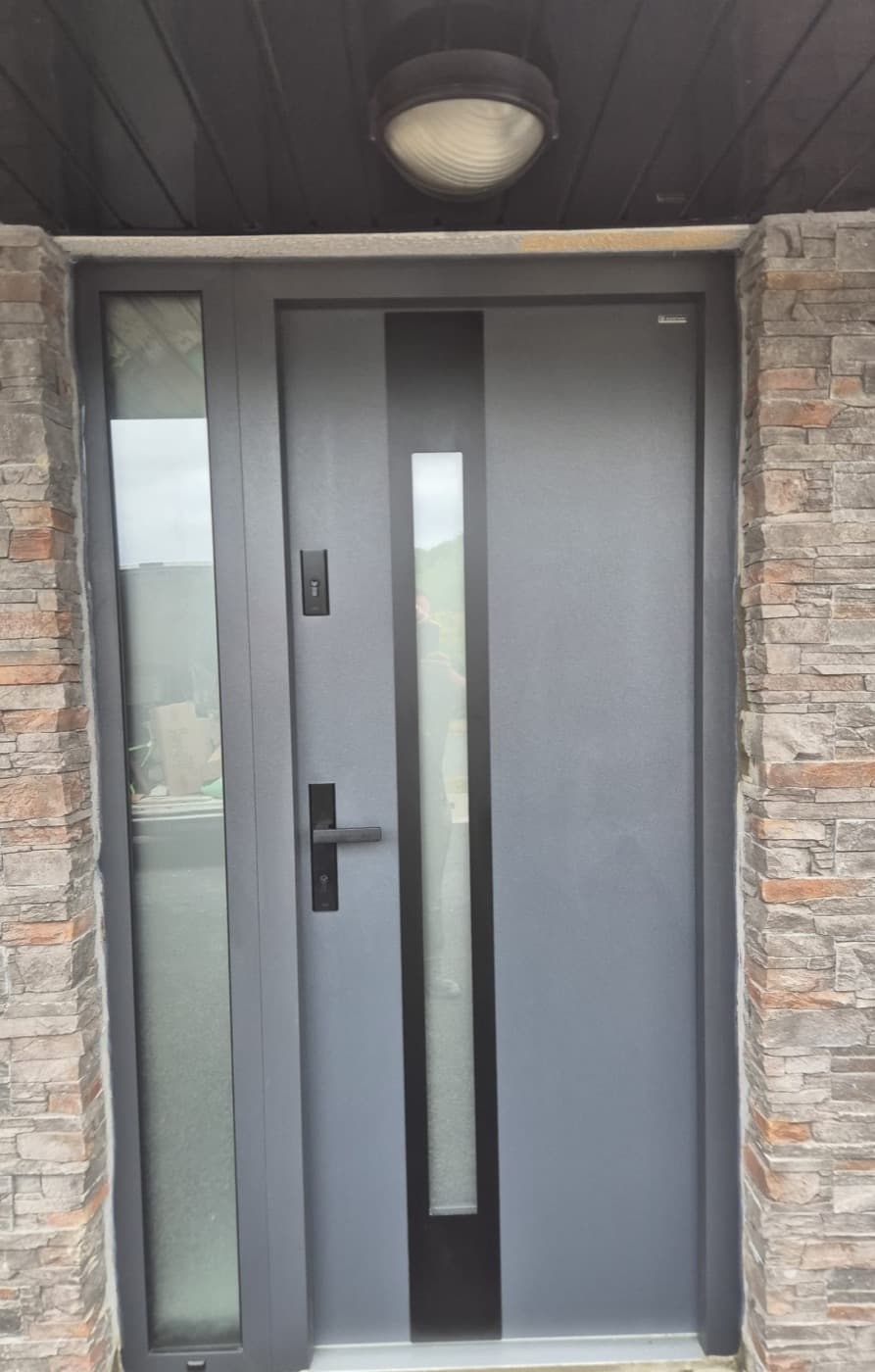 Grey, two sidelights — front door fitted in Ireland by Kilgate Doors