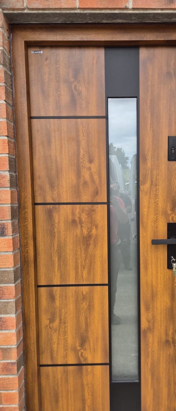 Golden oak, milled grooves — front door fitted in Ireland by Kilgate Doors