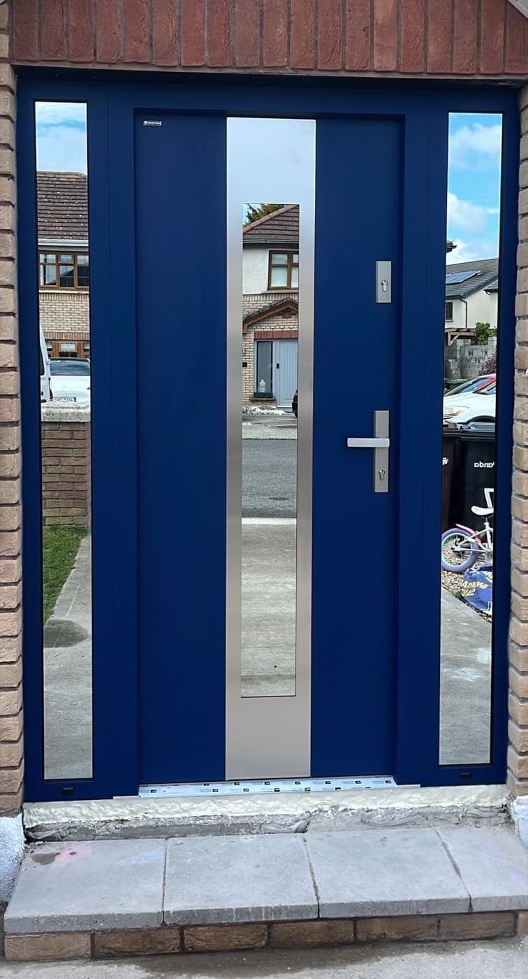 Blue, two sidelights — front door fitted in Ireland by Kilgate Doors