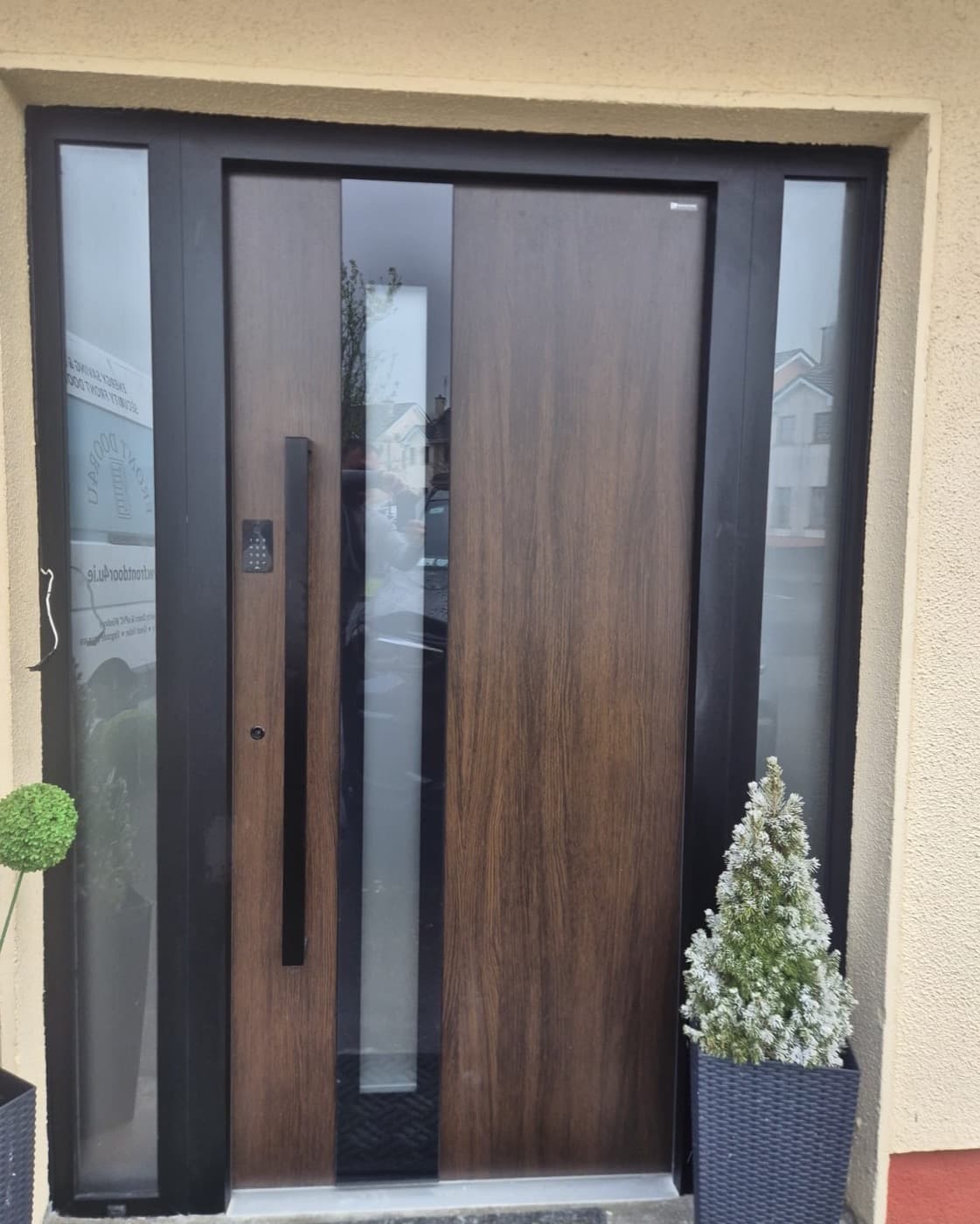 Dark walnut, two sidelights — front door fitted in Ireland by Kilgate Doors