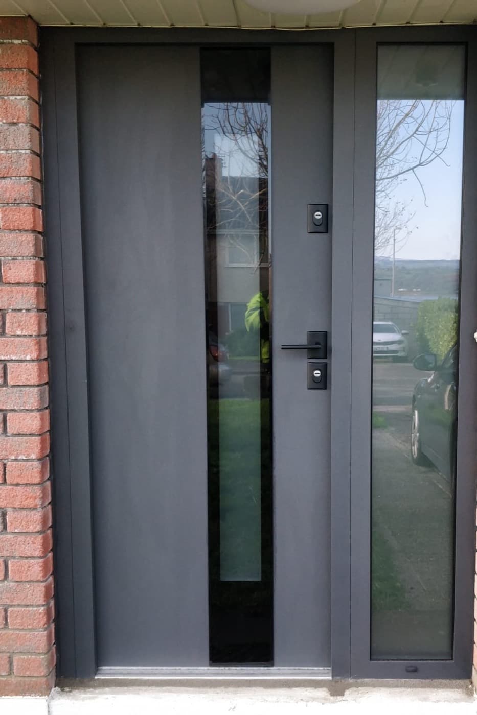 Anthracite, two sidelights — front door fitted in Ireland by Kilgate Doors
