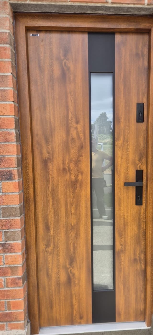 Golden oak, glazed panel — front door fitted in Ireland by Kilgate Doors